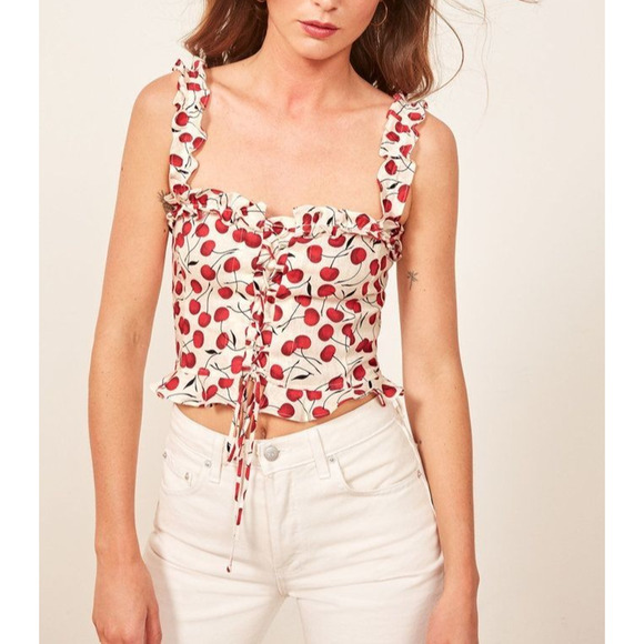 Reformation Corset Bustier Crop Top 10 White Red Cherry Print Linen Lace Up Tank - Picture 10 of 12